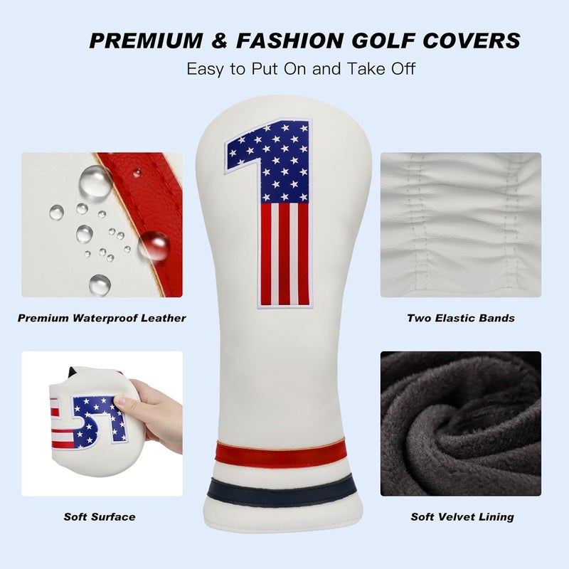 PONADA Golf Head Covers, 4pcs or 1pc USA Stars and Stripes Golf Club Covers for Woods and Driver Fairway Hybrid, PU Leather Golf Club Head Covers for Men Women with Interchangeable Tags, Fits Most Golf Clubs - Image 4